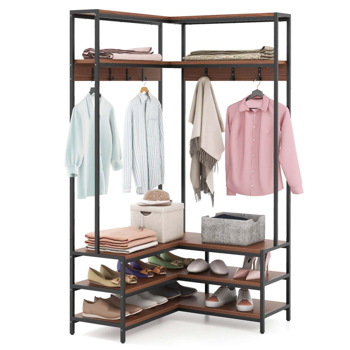 Corner Garment Rack with Open Shelves and 7 Hooks & Shoe Bench - Clothes Rack-Walnut