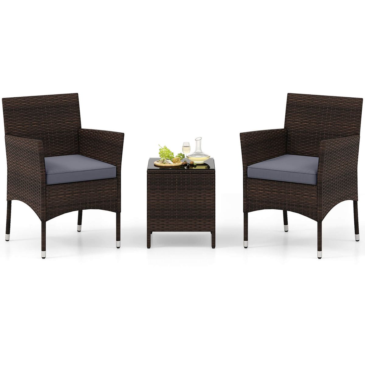 3 Pcs Outdoor Conversation Set with Cushioned Seat & Tempered Glass Tabletop - Grey
