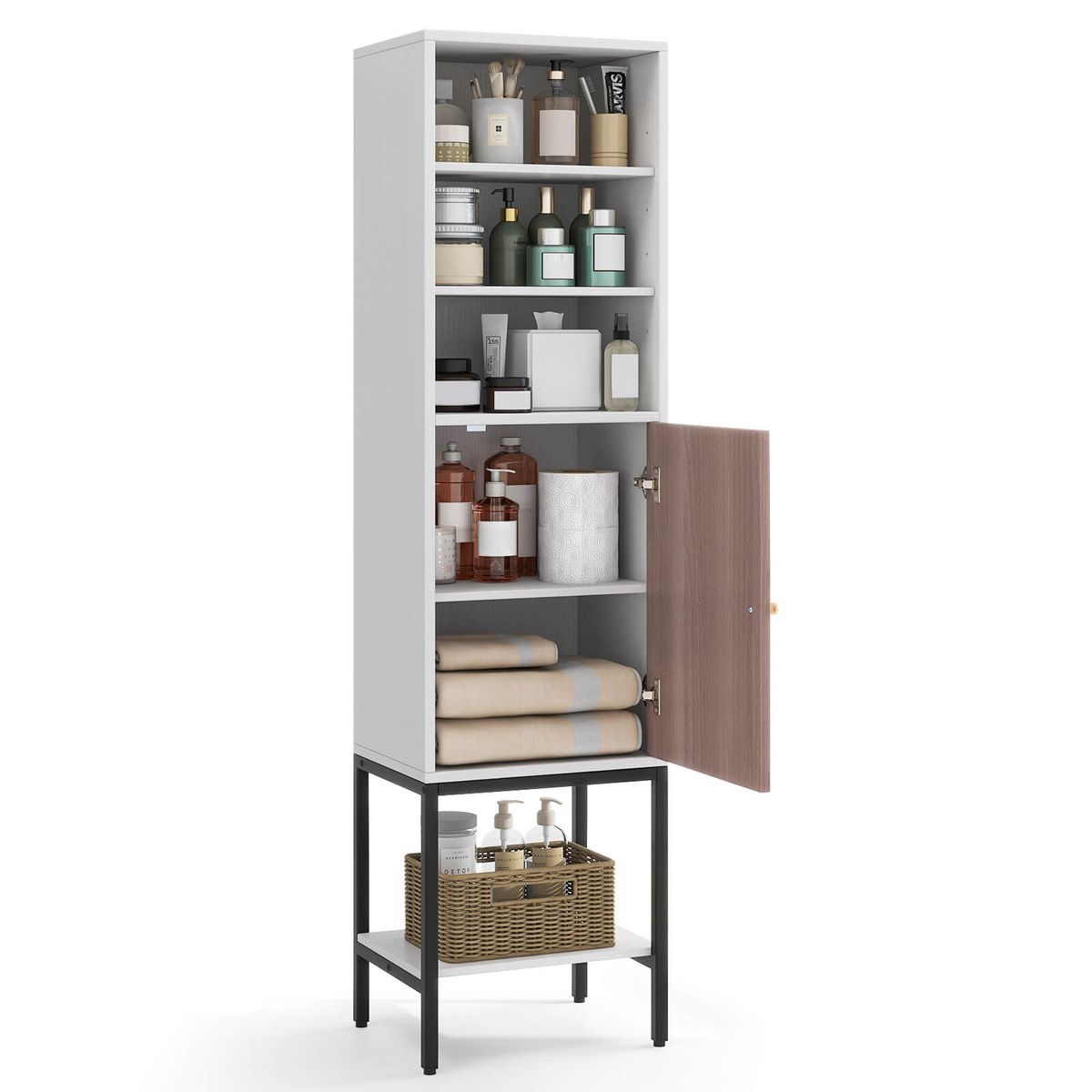 57" Bathroom Tall Cabinet with 1 Door and 4 Shelves Freestanding Floor Cabinet - White