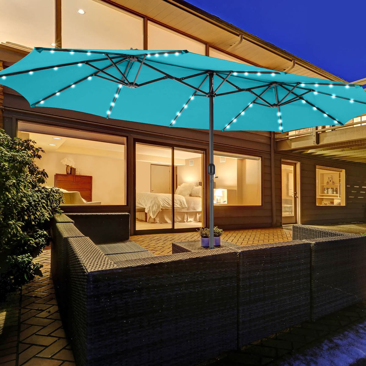 15-Foot Double-Sided Patio Umbrella with 48 Solar LED Lights - Turquoise