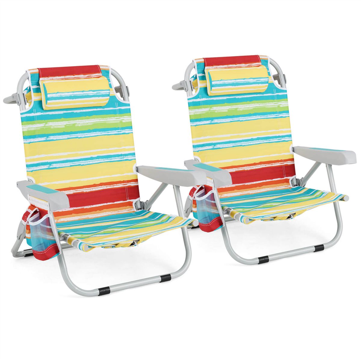 Foldable Backpack Beach Chair with Cup Holder & Storage Pockets (1 or 2-Pack) - 2pcs Folding Chair-Multi