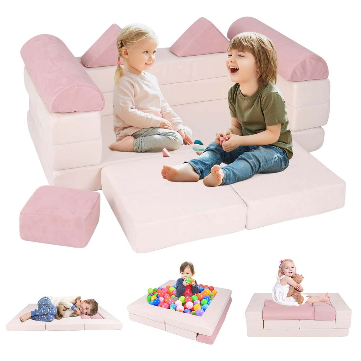 Costway Kids Modular Play Couch Play Set with Suede Fabric Cover High-Density Foam - Pink