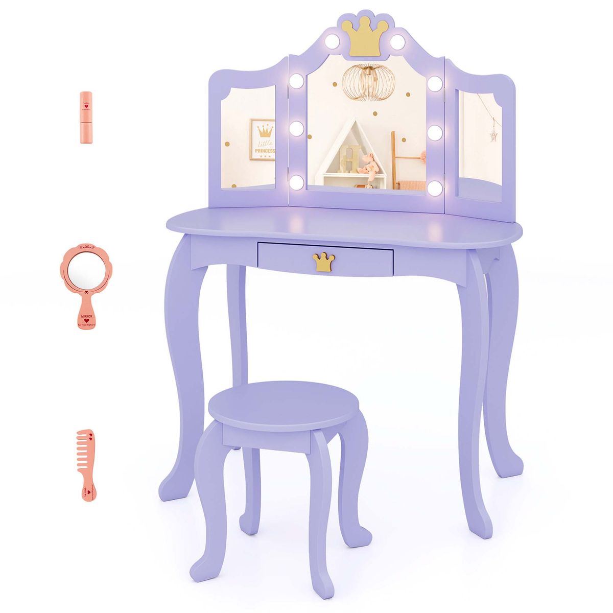 Costway Kids Vanity Set Princess Vanity Table & Chair Set with Lighted Mirror - Purple