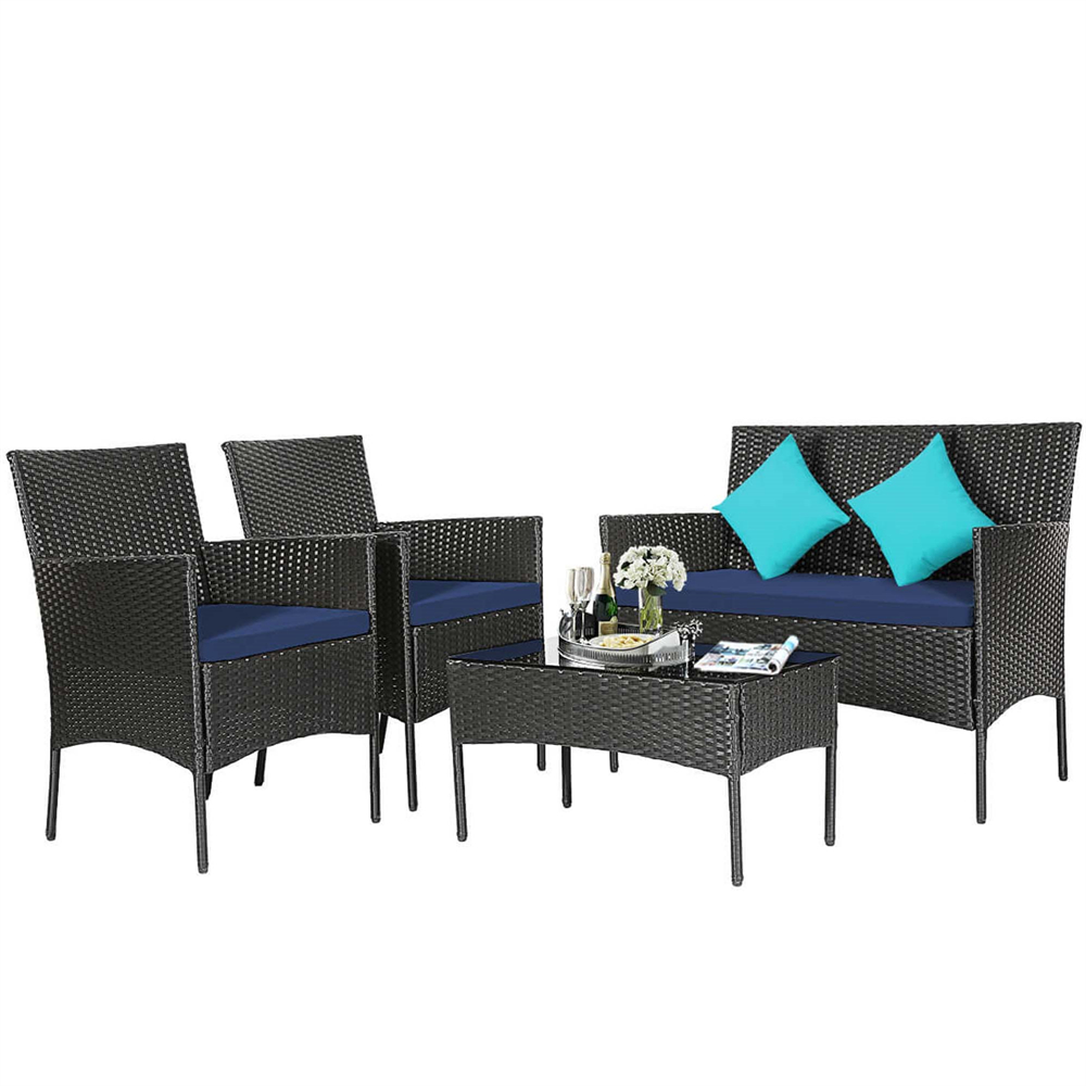 Rattan 4-Piece Patio Furniture with Glass Top Table - Patio Furniture Set-Navy