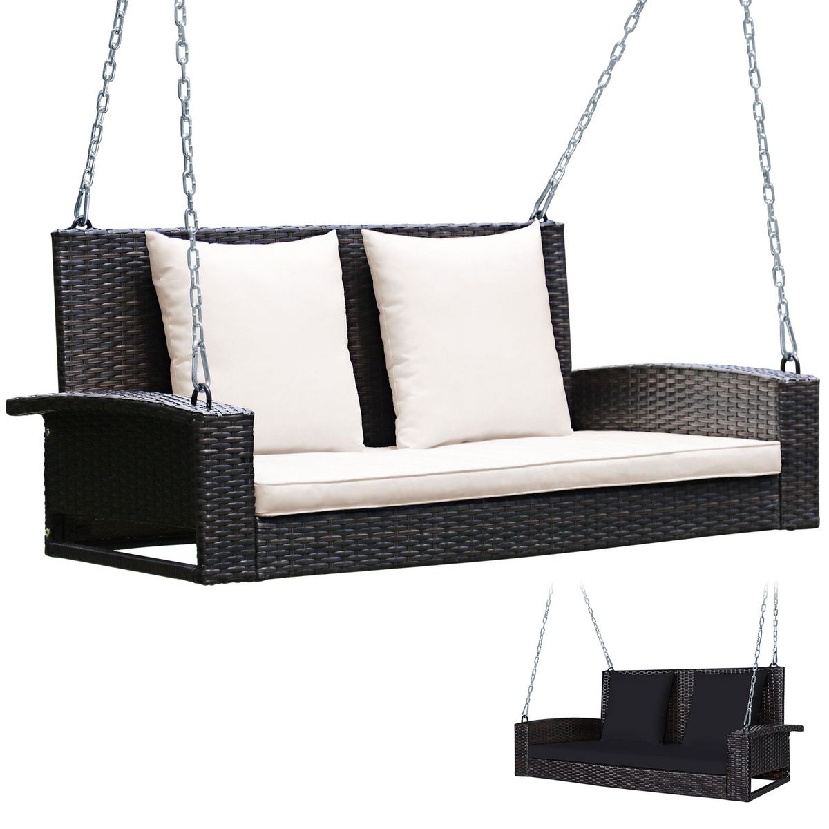 Photos - Canopy Swing Costway 2-Person Rattan Porch Swing - White&Black HCST07897 