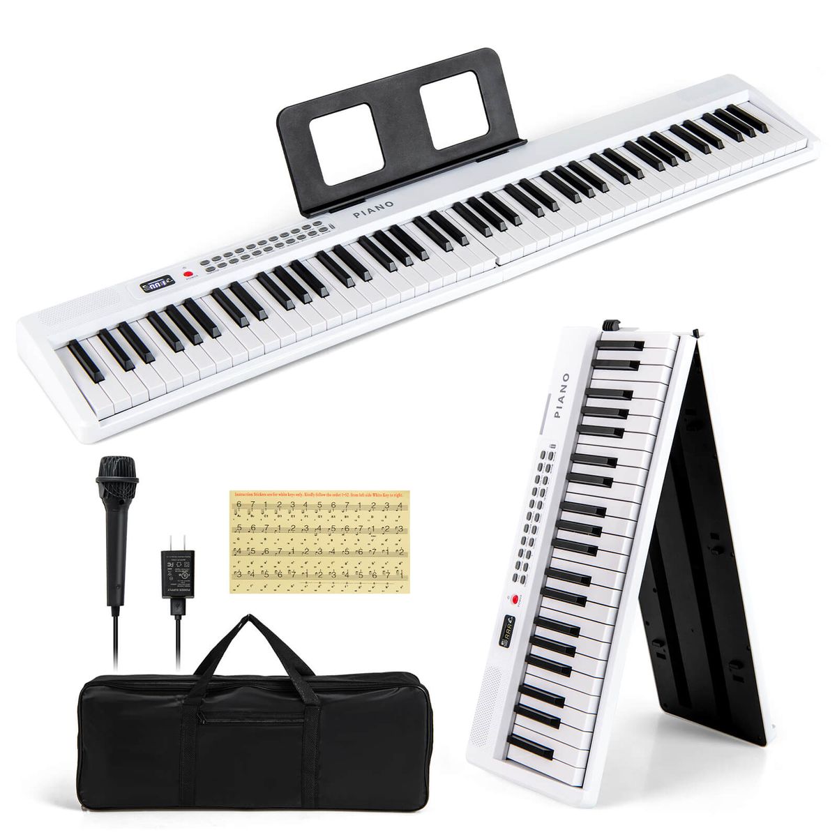 88-Key Folding Piano Keyboard with Wireless MIDI and Dual Speakers - 88 Key Folding Piano-White