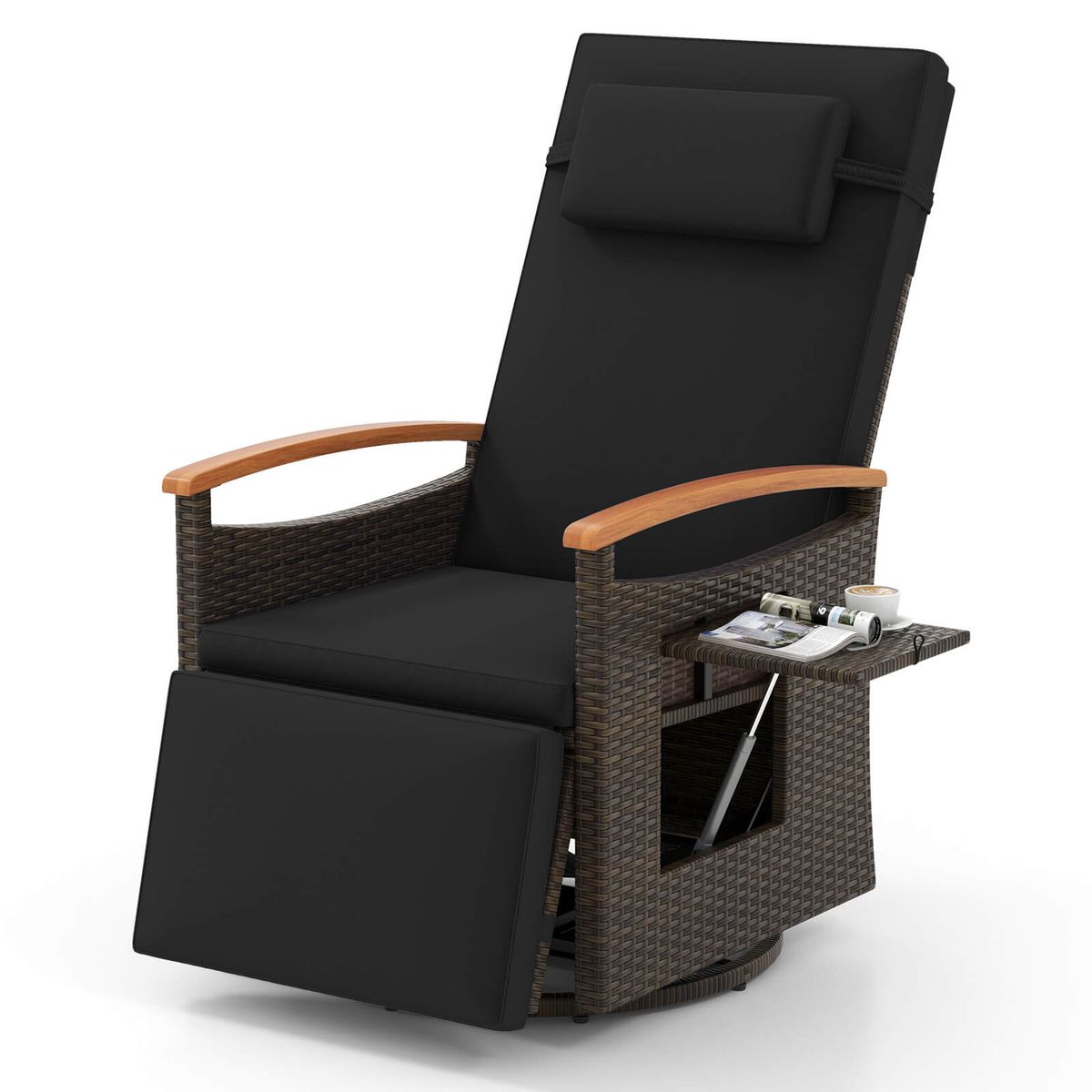 Outdoor 360° Swivel Rattan Recliner Chair - Black