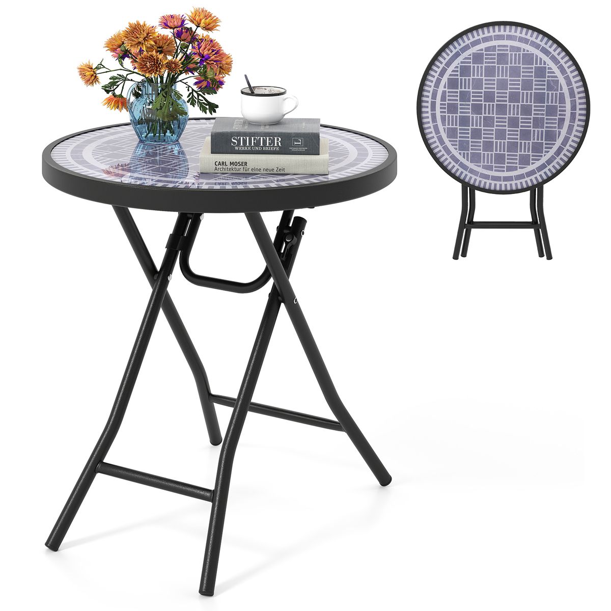 18" Folding Round Side Table with Tempered Glass - Side Table -Gray