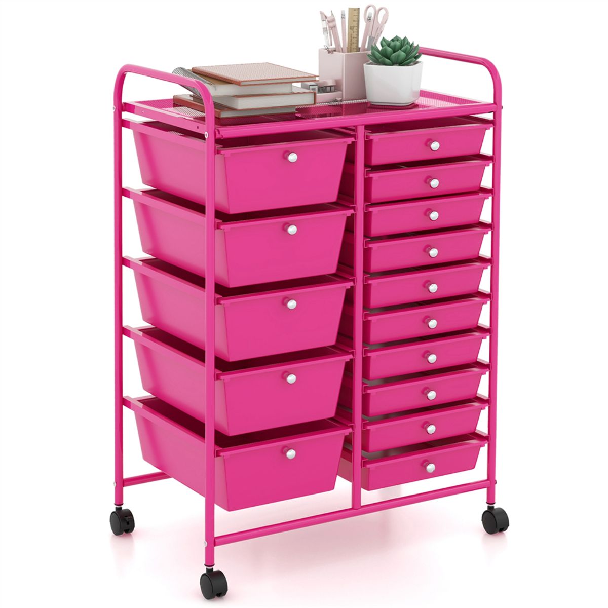 Rolling 15-Drawer Storage Cart - Hot Pink