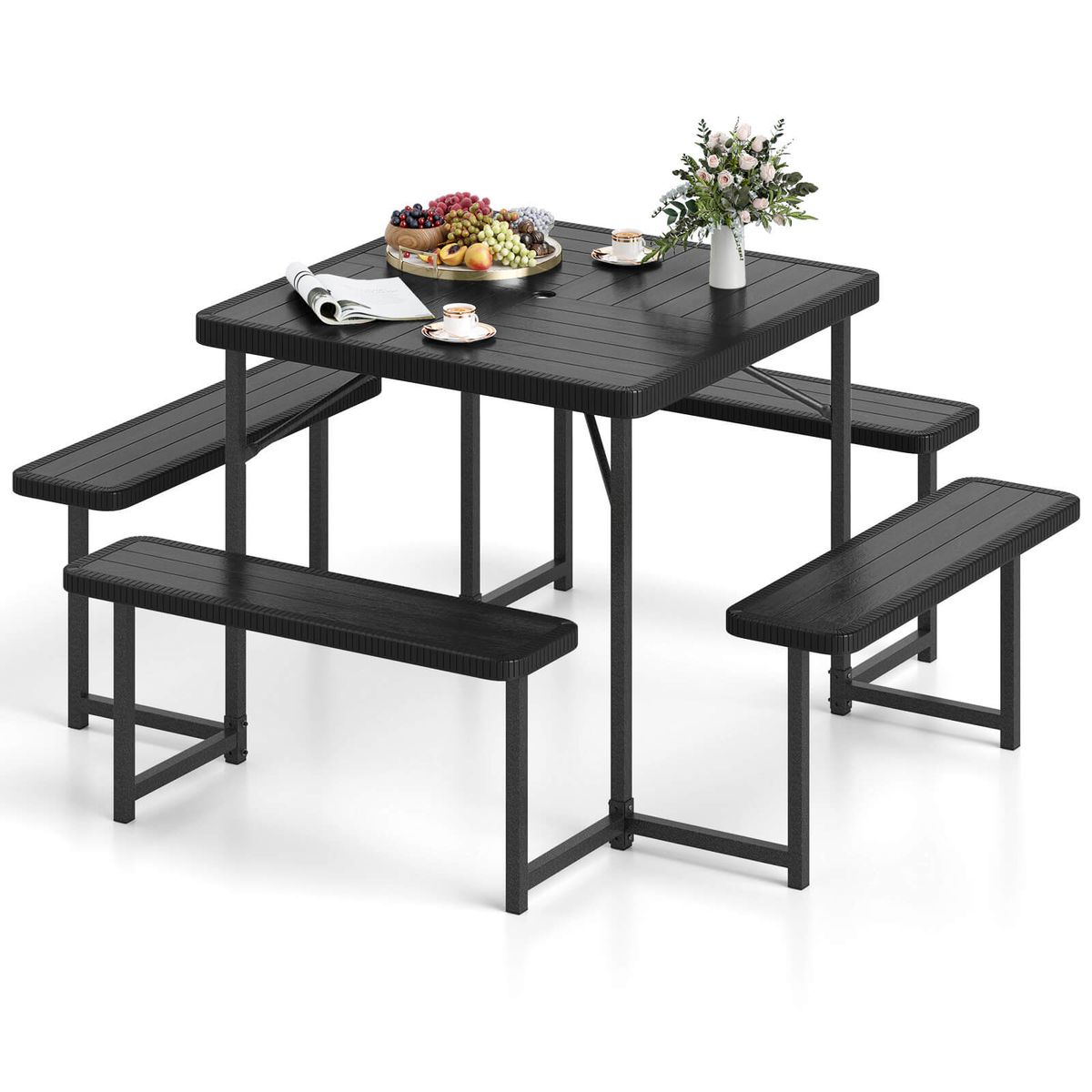 Picnic Table for 4-8 People with Umbrella Hole - Bench Set Black