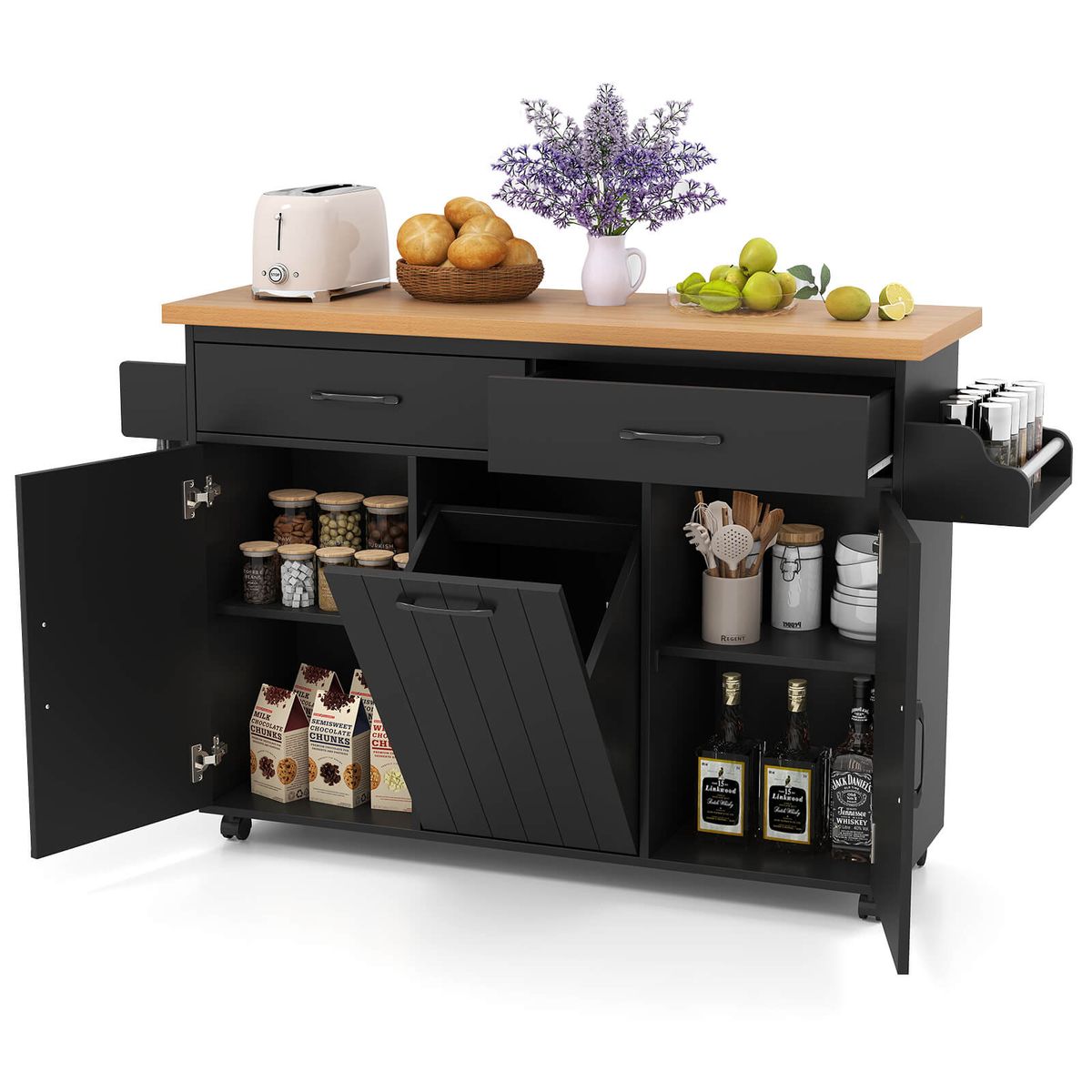 Rolling Kitchen Island Cart with Built-In Spice Rack and Towel Bar - Black