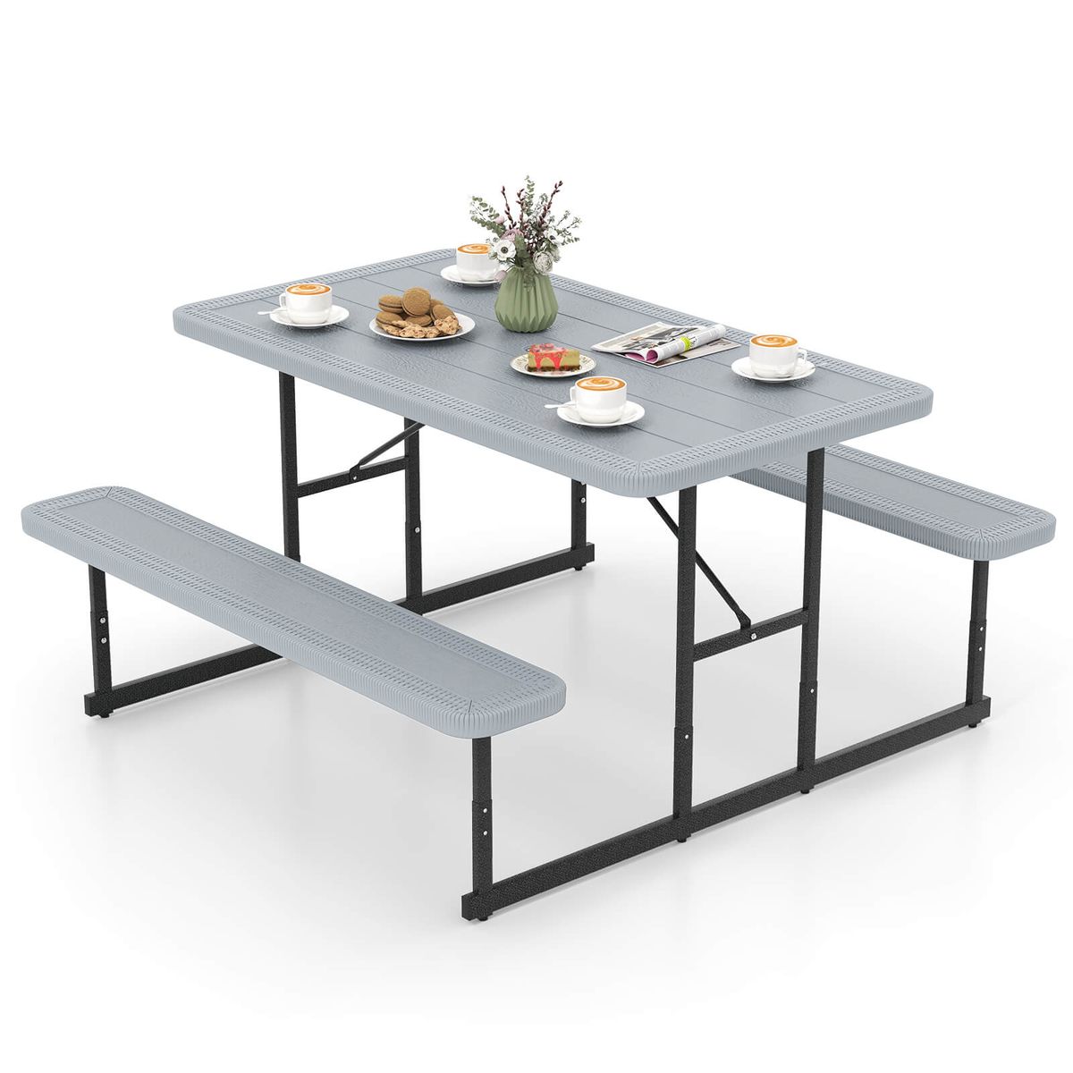 Picnic Table for 2-4 People with Adjustable Footpads and Umbrella Hole - Gray