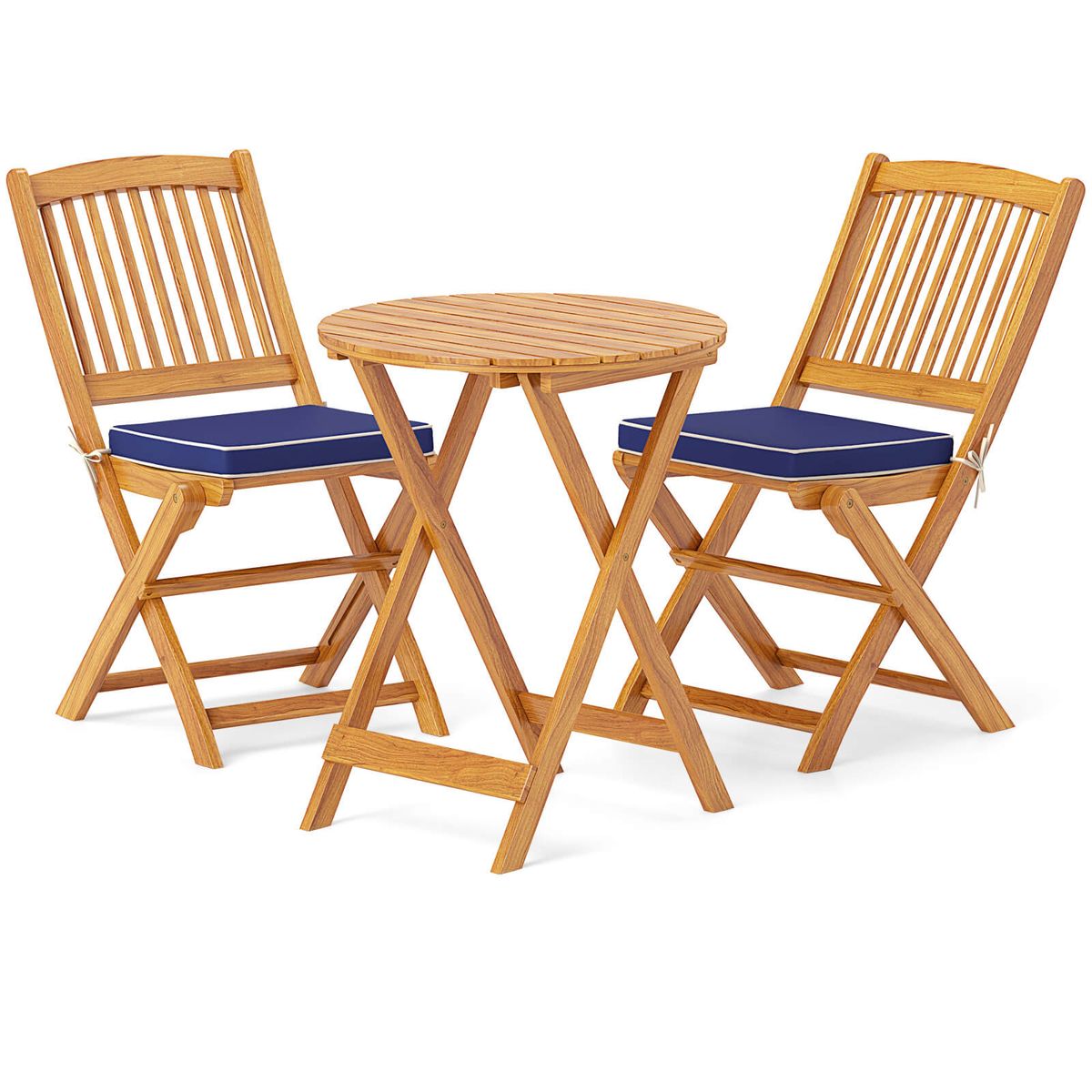 3 Pcs Acacia Wood Patio Bistro Set Folding Table & Chairs Set with Cushions - Navy