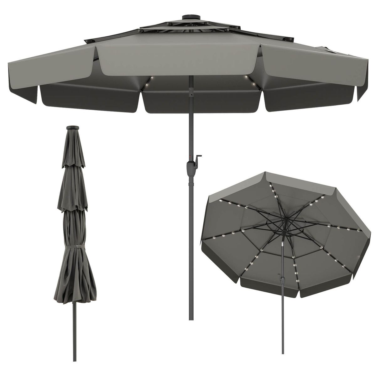10-foot Solar Patio Umbrella with 3-Tier Vented Top and 32 LED Lights - Patio Umbrella-Gray