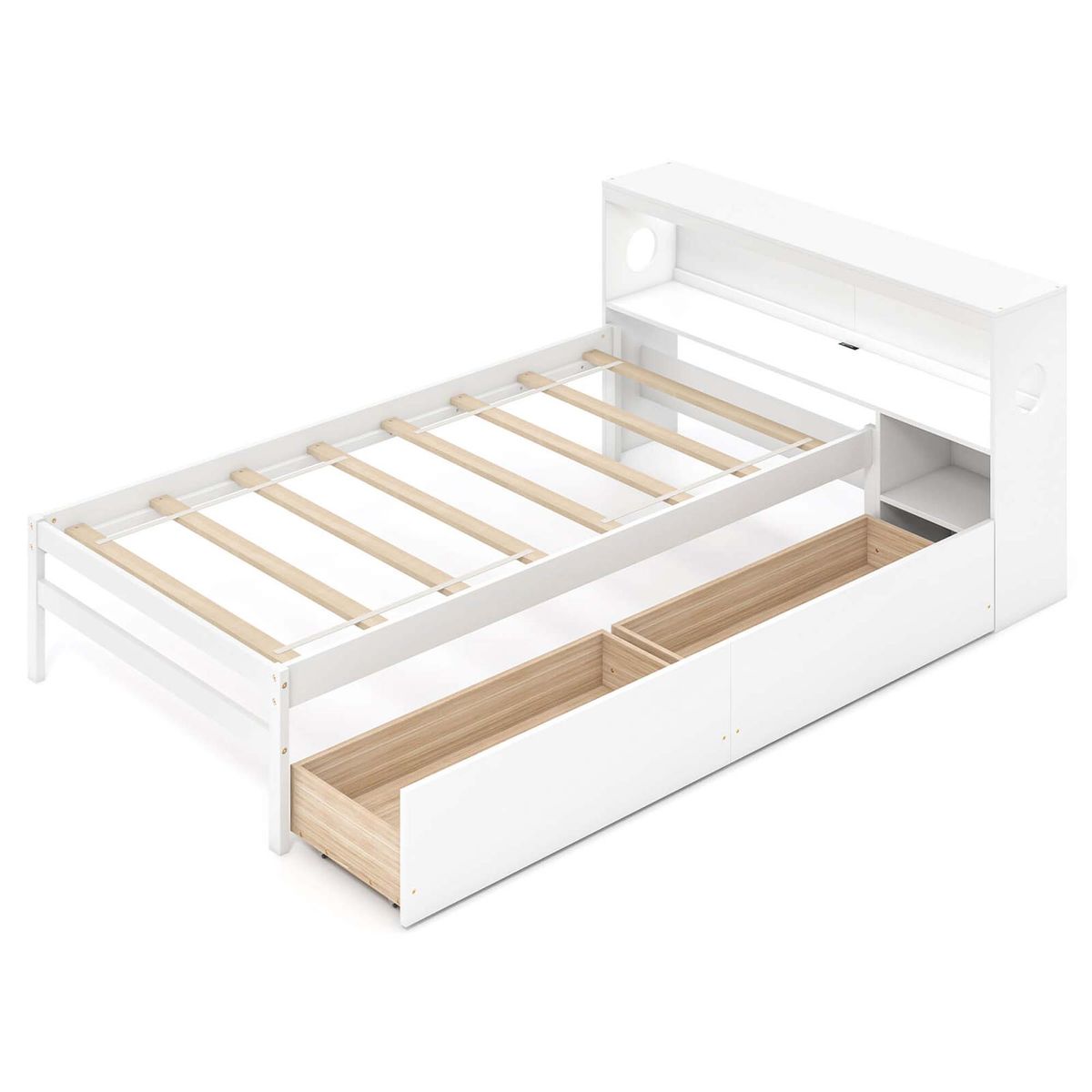 Twin Size Bed Frame with LED Light and Bookcase Headboard - Twin Size Bed Frame -White