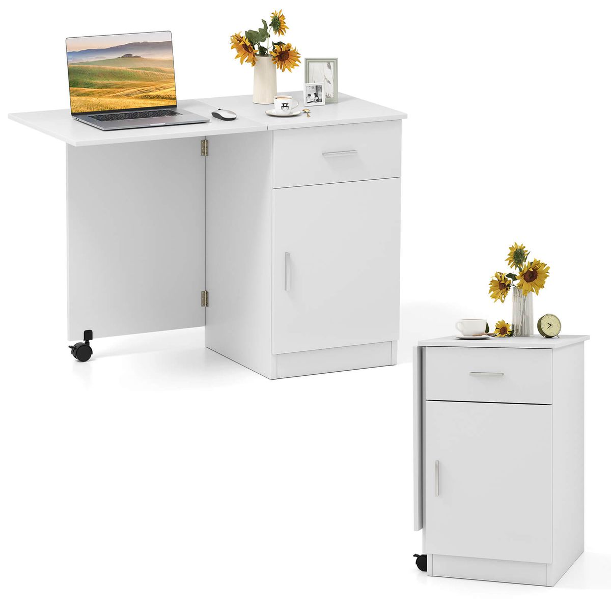 Folding Computer Desk with Drawer Cabinet - Computer Desk White