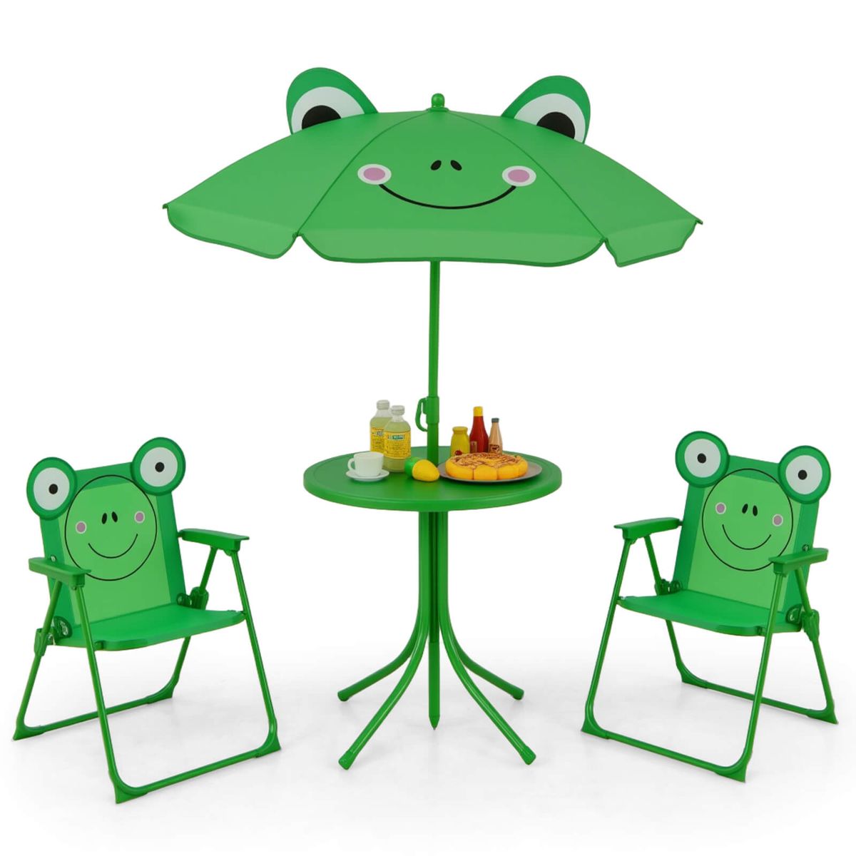 Kids Picnic Table & Chair Set with 2 Folding Chairs & Height Adjustable Umbrella - Green
