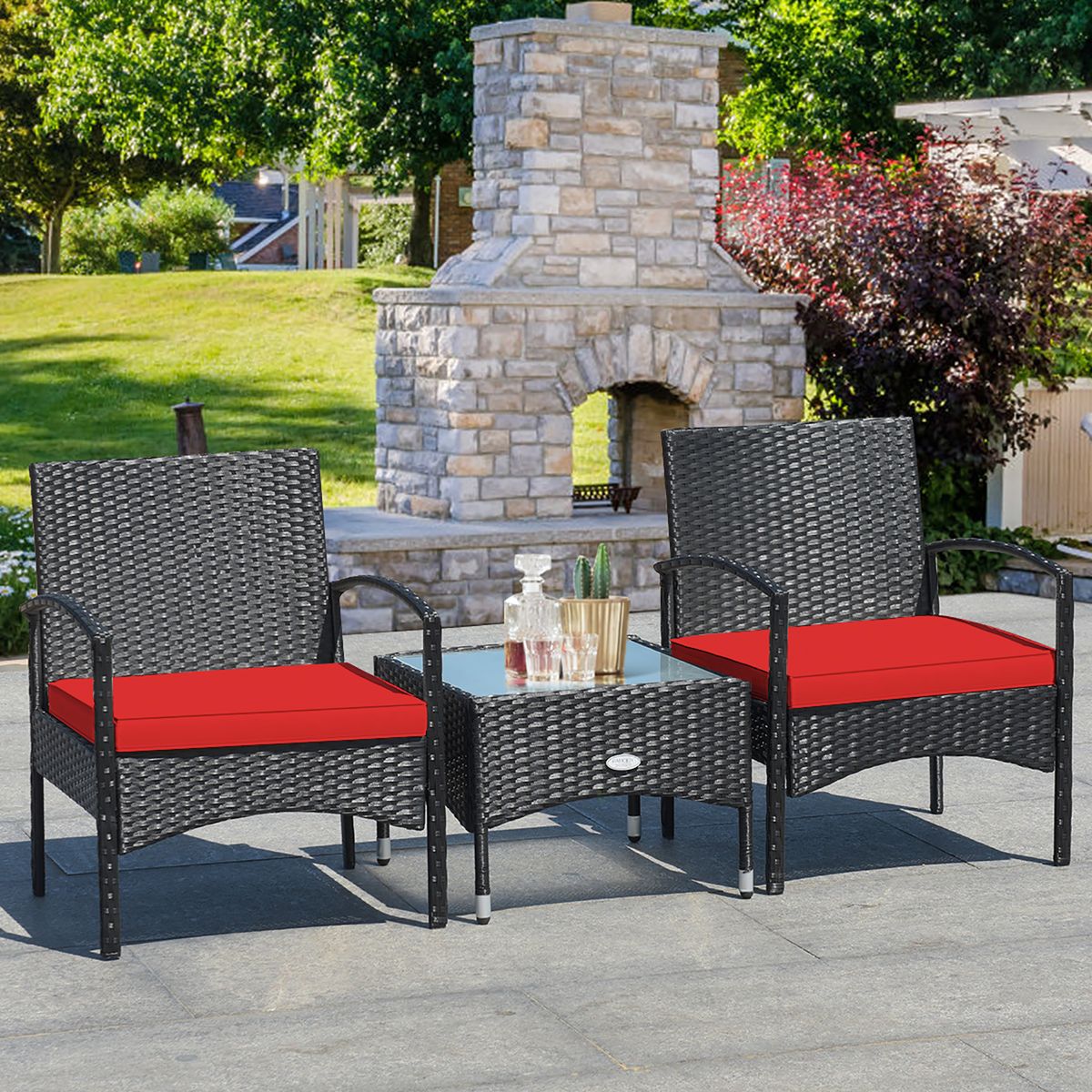 3-Piece Patio Rattan Furniture Set with Coffee Table - Red