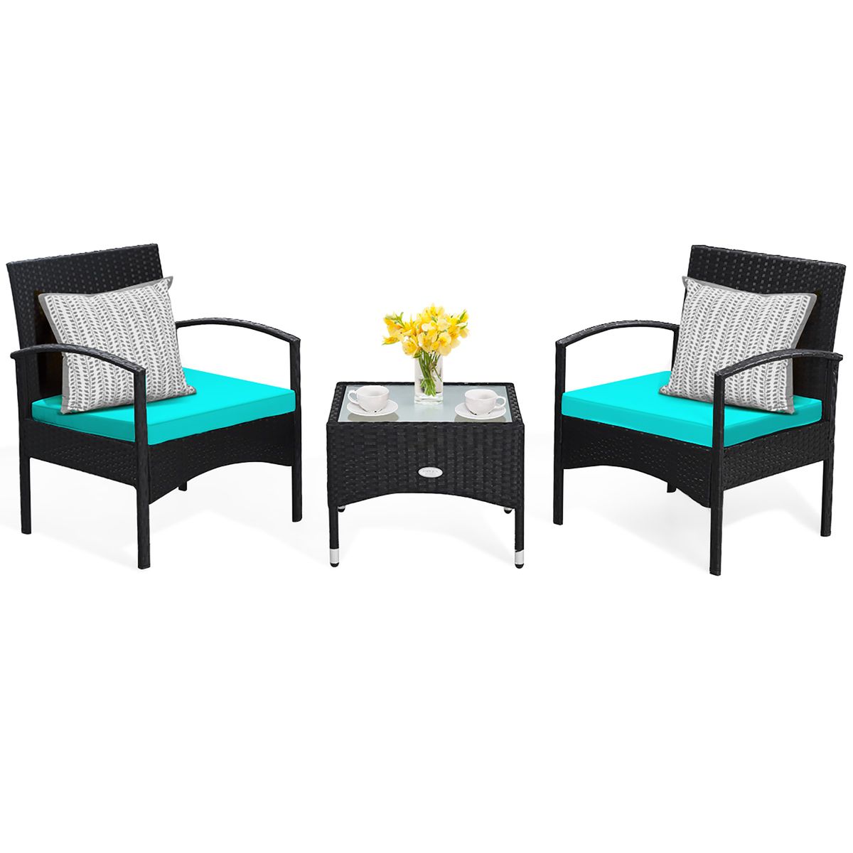 3-Piece Patio Rattan Furniture Set with Coffee Table - Turquoise