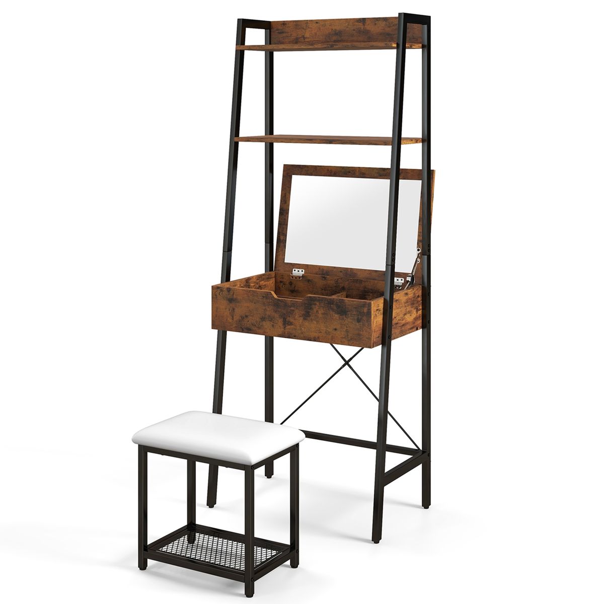 Ladder Vanity Desk Set with Flip-Top Mirror and Cushioned Stool - Vanity Table-DK
