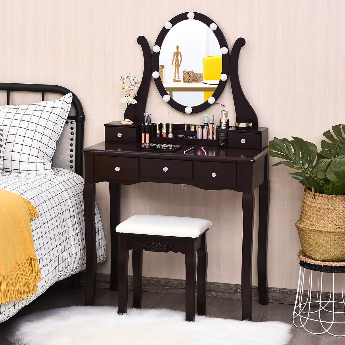 Vanity Table Set with 10 Light Bulbs - Vanity Table Set-Brown