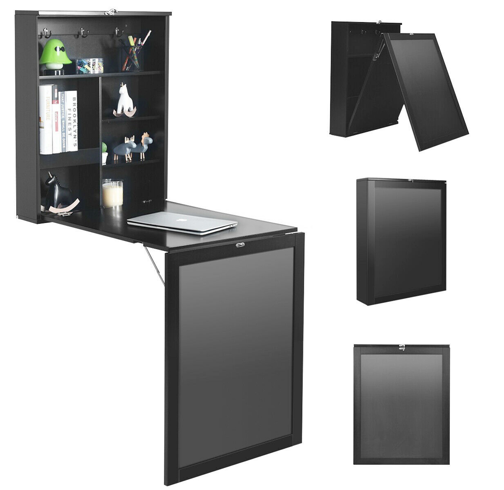 Wall-Mounted Fold Out Convertible Chalkboard Desk - Black