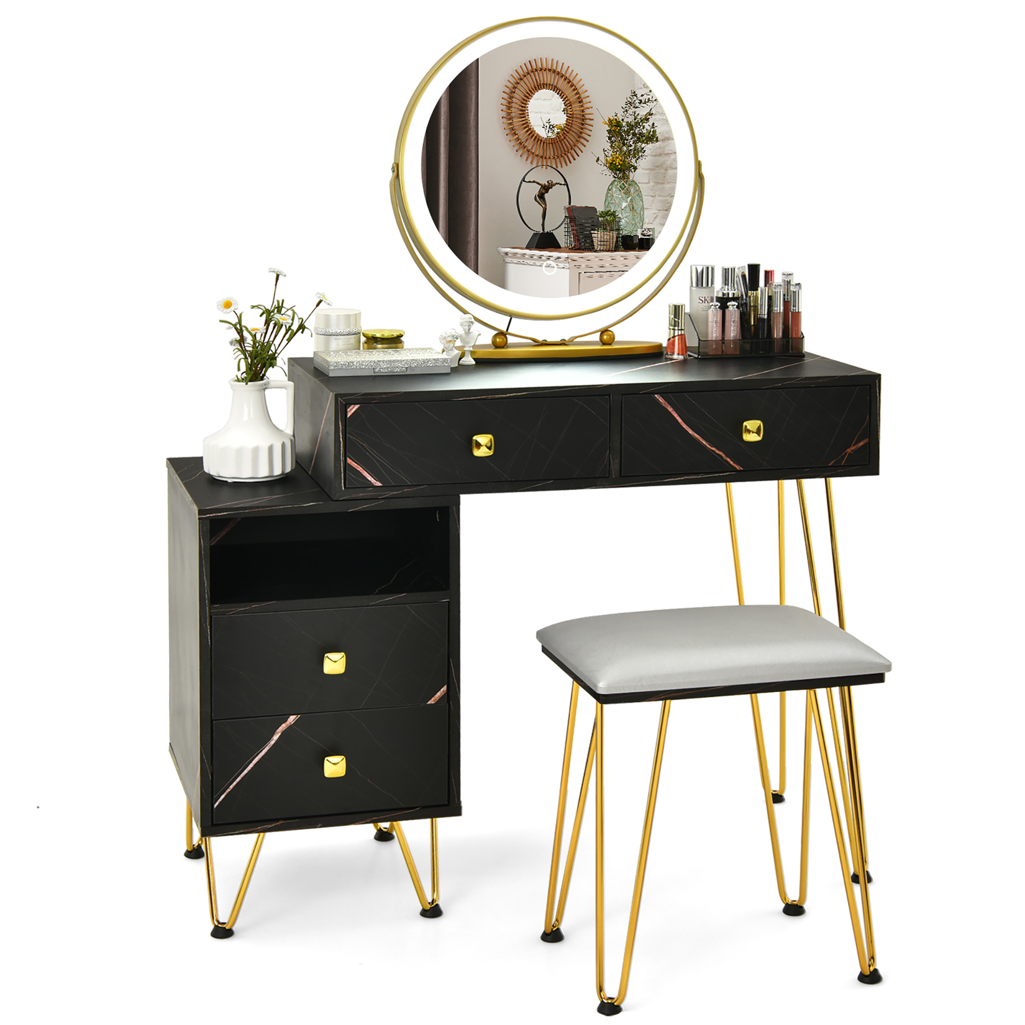 Modern Dressing Table with Storage Cabinet - Vanity Set Black