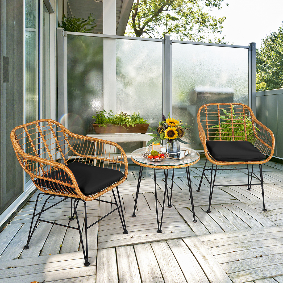 3-Piece Patio Rattan Bistro Set with Cushions - Rattan Bistro Set DK