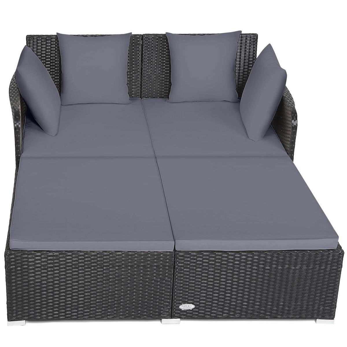 Outdoor Patio Rattan Daybed Pillows Cushioned Sofa Furniture - Grey