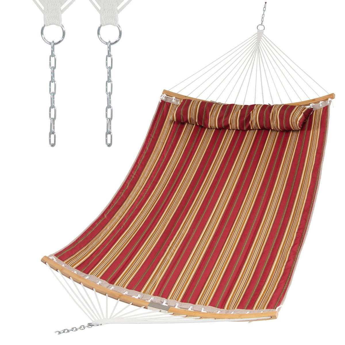 Costway Hammock w/ Pillow Curved Bamboo Spreader Bar Chain Portable Indoor Outdoor - Red