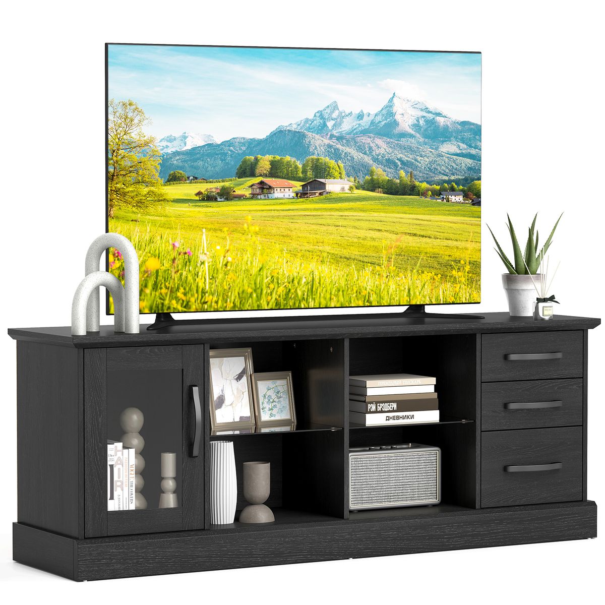 TV Stand for 73" TV with 2 Adjustable Glass Shelves - Costway TV Stand for 73 Inches
