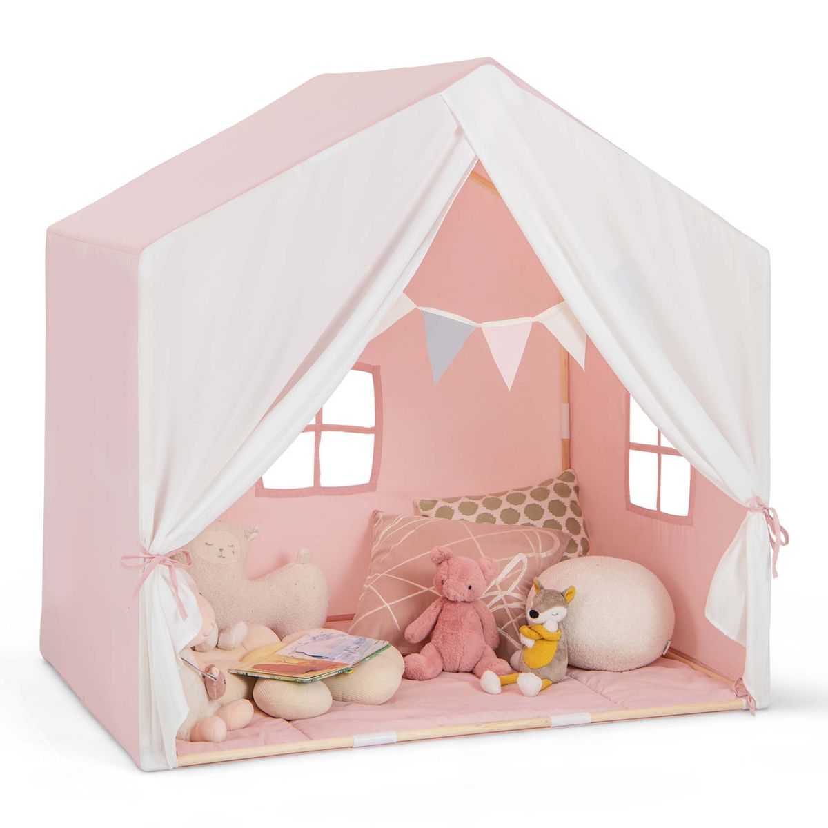 Kid's Play Tent Toddler Playhouse Castle Solid Wood Frame with Washable Mat - Pink