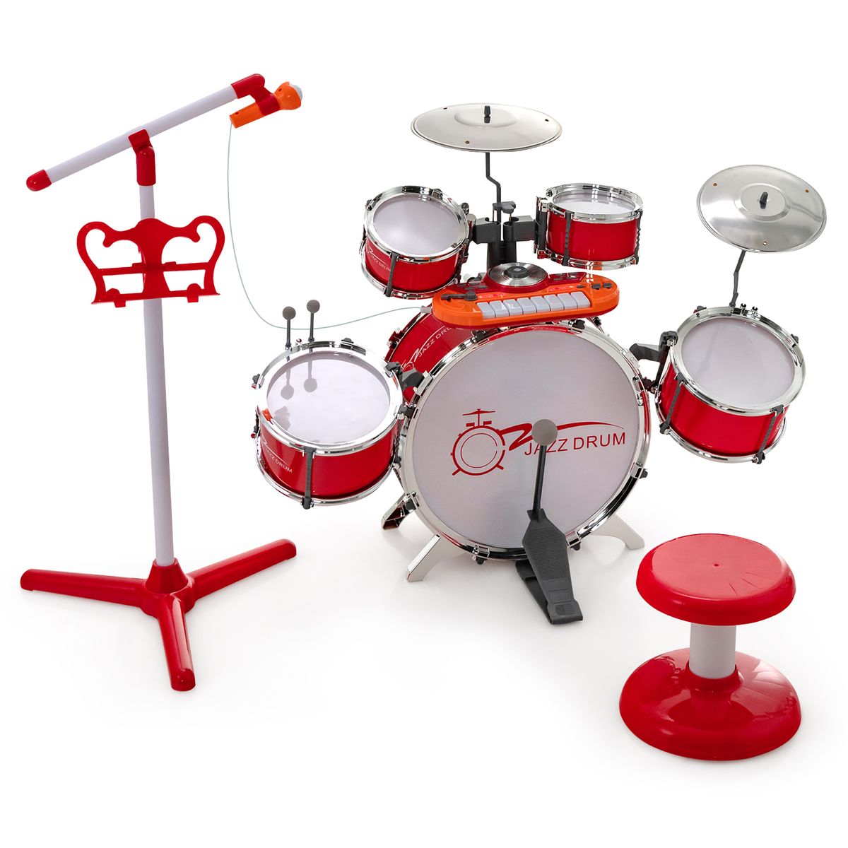 Kids' Jazz Drum Set with Mic Stand & Mini Keyboard - Jazz Drum Set-Red