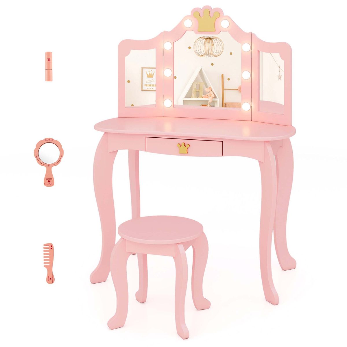 Kids Lighted Princess Vanity Table and Chair  - Pink