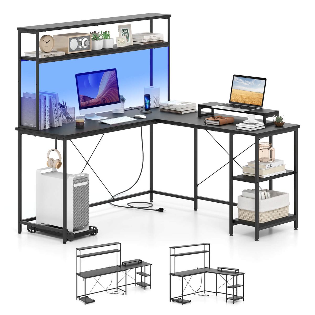 UntilGone – L-Shaped Gaming Desk with LED Strip – Gaming Desk-Black