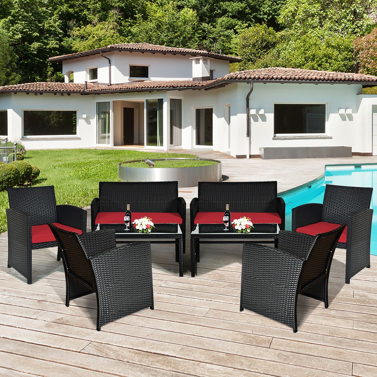 8-Piece Patio Rattan Furniture Set with Tempered Glass and Foot Pads - Red