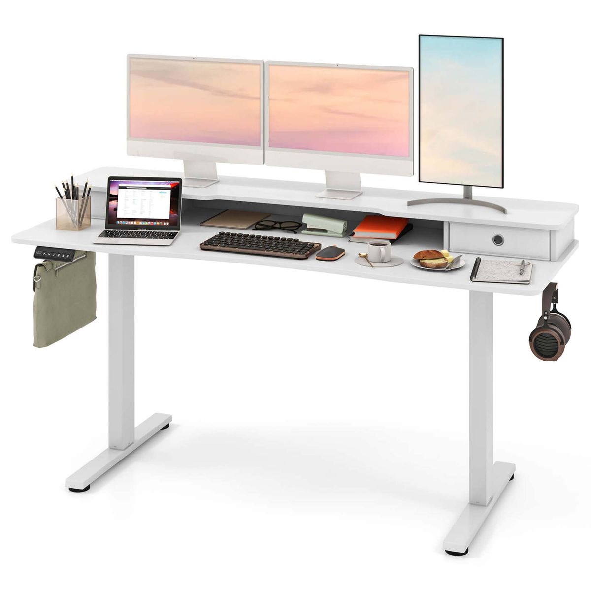 63" x 24" Electric Standing Desk with 2 Foldable Drawers - Standing Desk -White