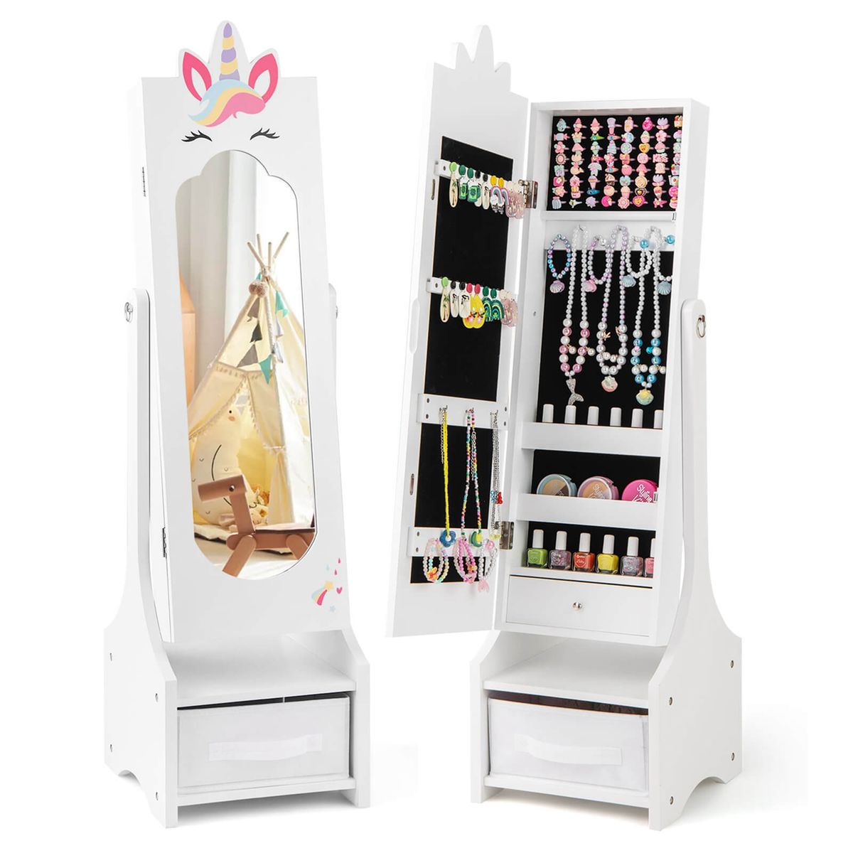 Kids Jewelry Cabinet with Full-Length Mirror - White