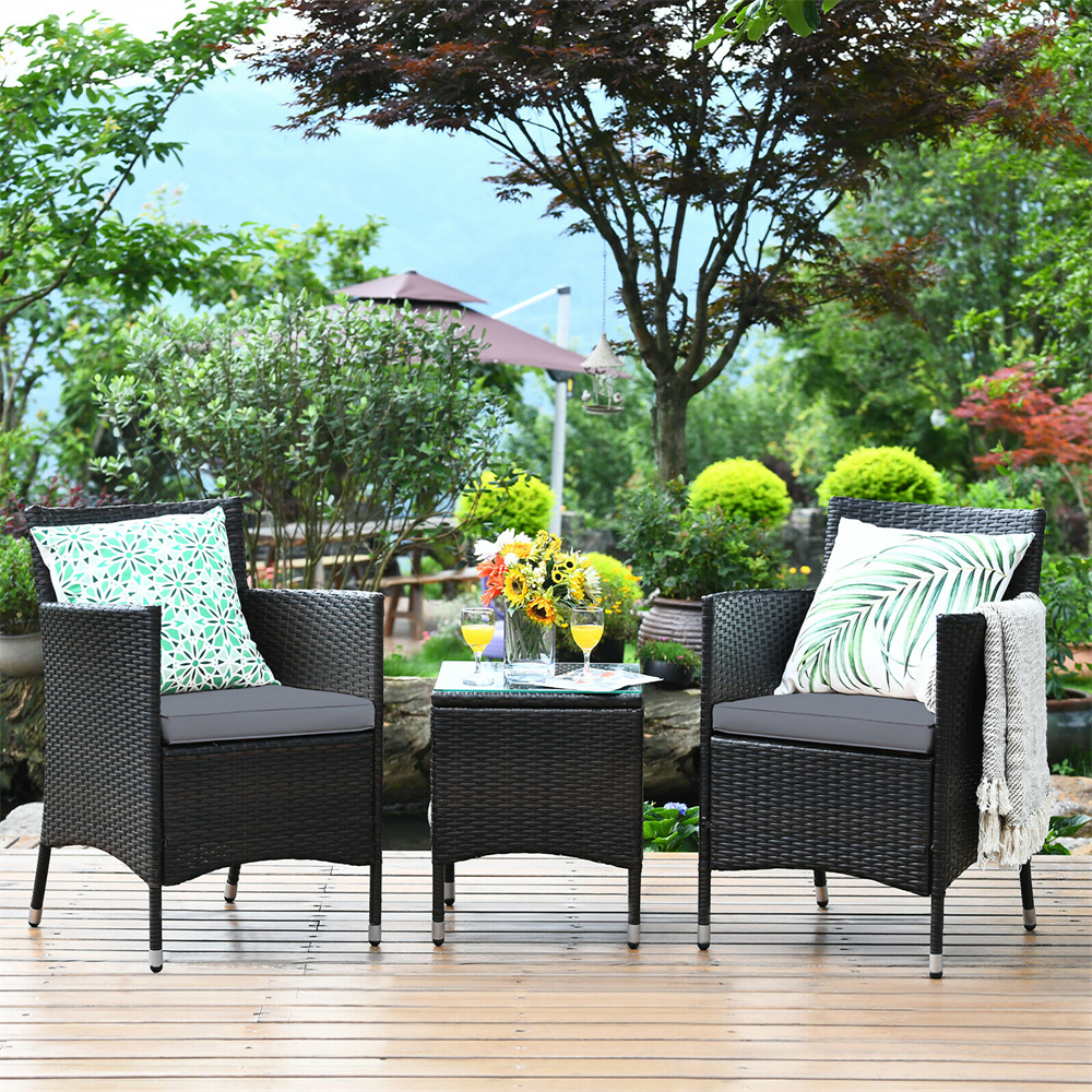 Rattan Wicker Outdoor 3-Piece Table and Chair Set - Gray