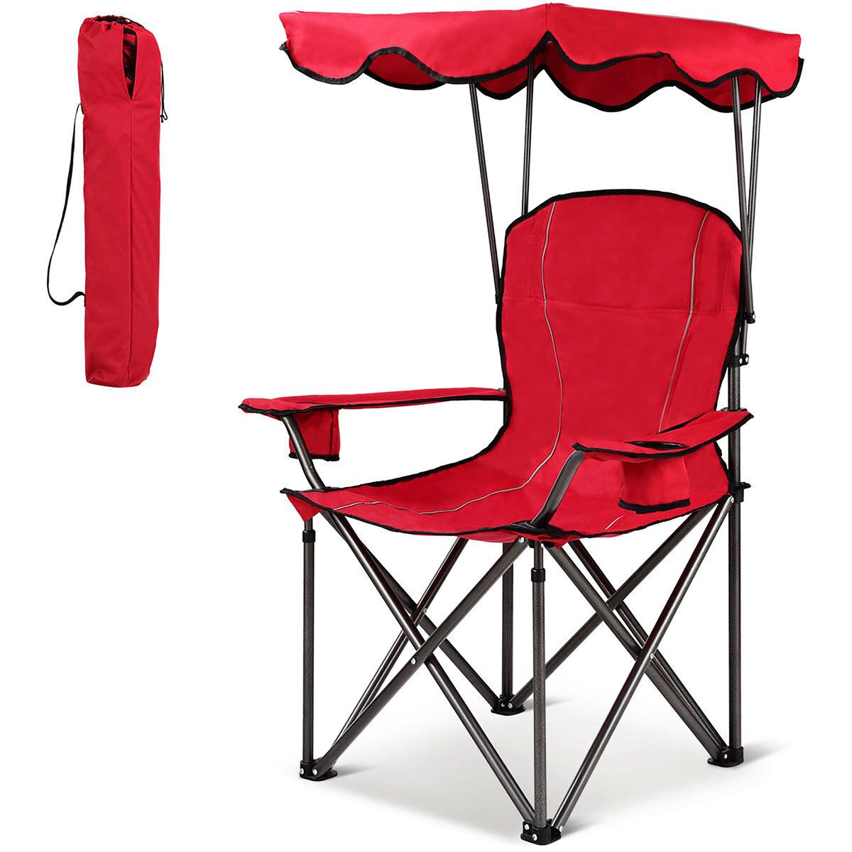 Costway Portable Folding Beach Canopy Chair W/ Cup Holders Bag - Red