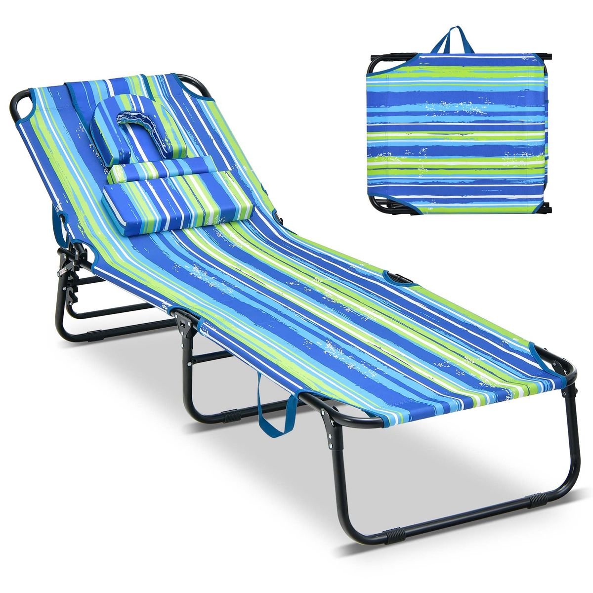 Beach Chaise Lounge with Face Hole Pillows & 5-Position Adjust - Blue & Green