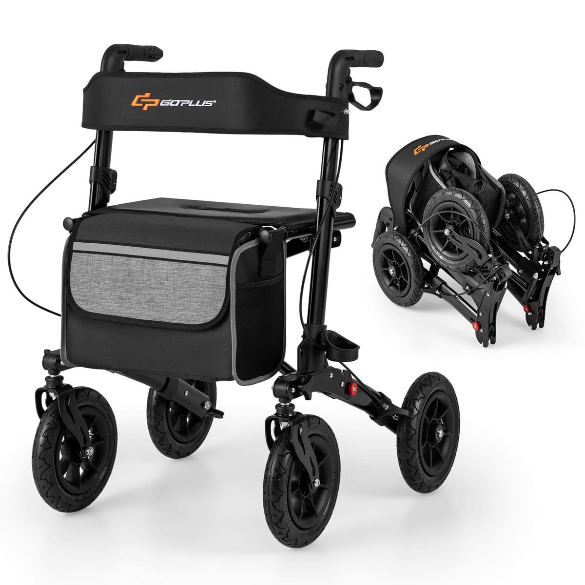 Folding Walker with 9"" Pneumatic Tires and Adjustable Handle Height - Black
