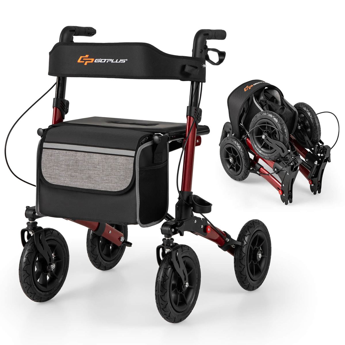 Folding Walker with 9" Pneumatic Tires and Adjustable Handle Height - Red