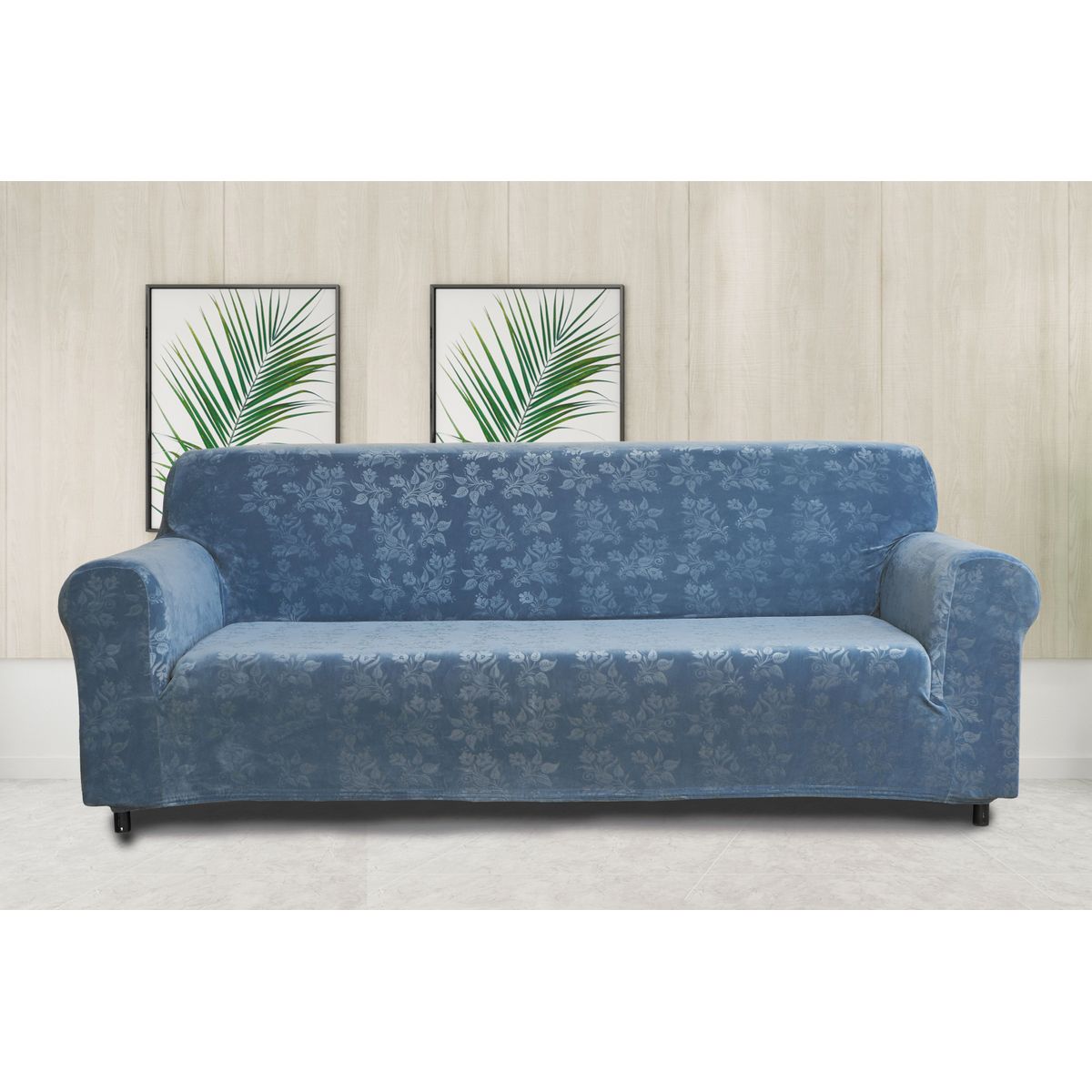 Photos - Furniture Cover Private Label Rich Floral Pattern Velvet Stretch Slipcovers - Sofa-Blue VELVET SOFA BLUE