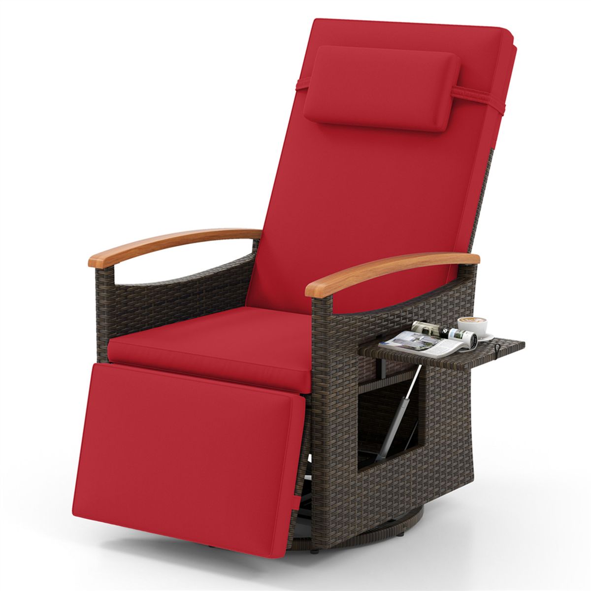 Outdoor 360&deg; Swivel Rattan Recliner Chair - Red
