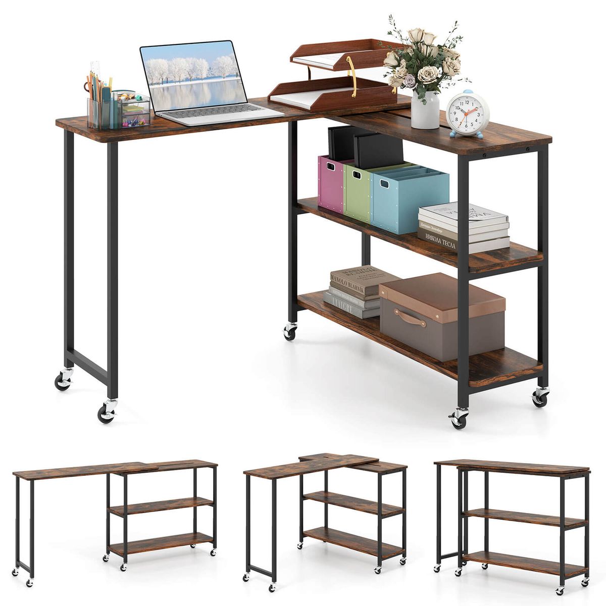 360&deg; Rotation Mobile Laptop Table with Storage Shelves - Laptop Table Dark Brown