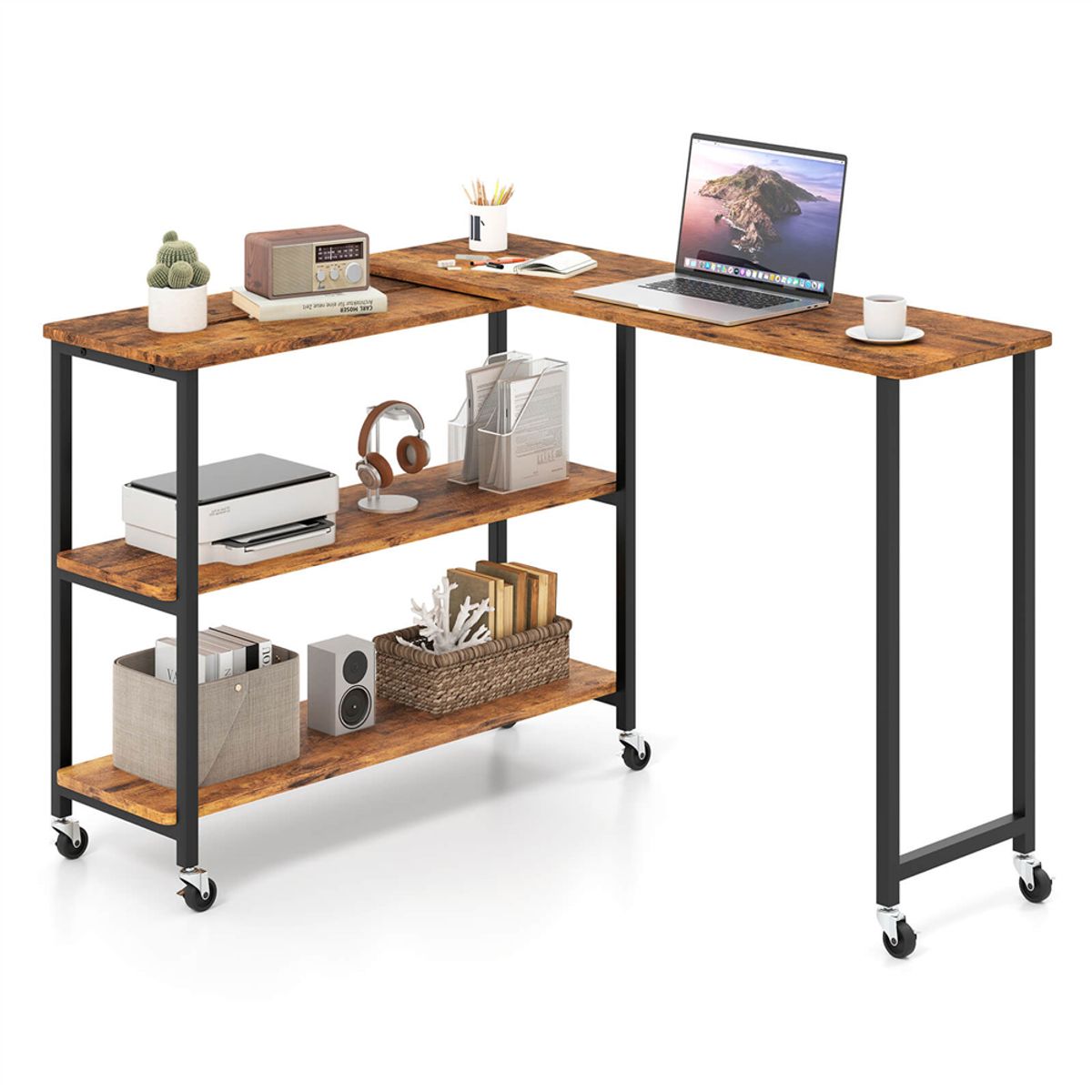 360&deg; Rotation Mobile Laptop Table with Storage Shelves - Laptop Table Brown