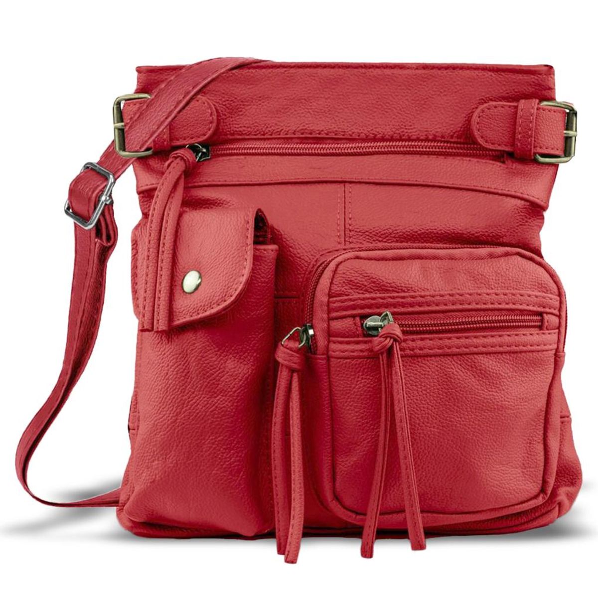 Super Soft Genuine Accent Top Belt Leather Crossbody Bag   Red