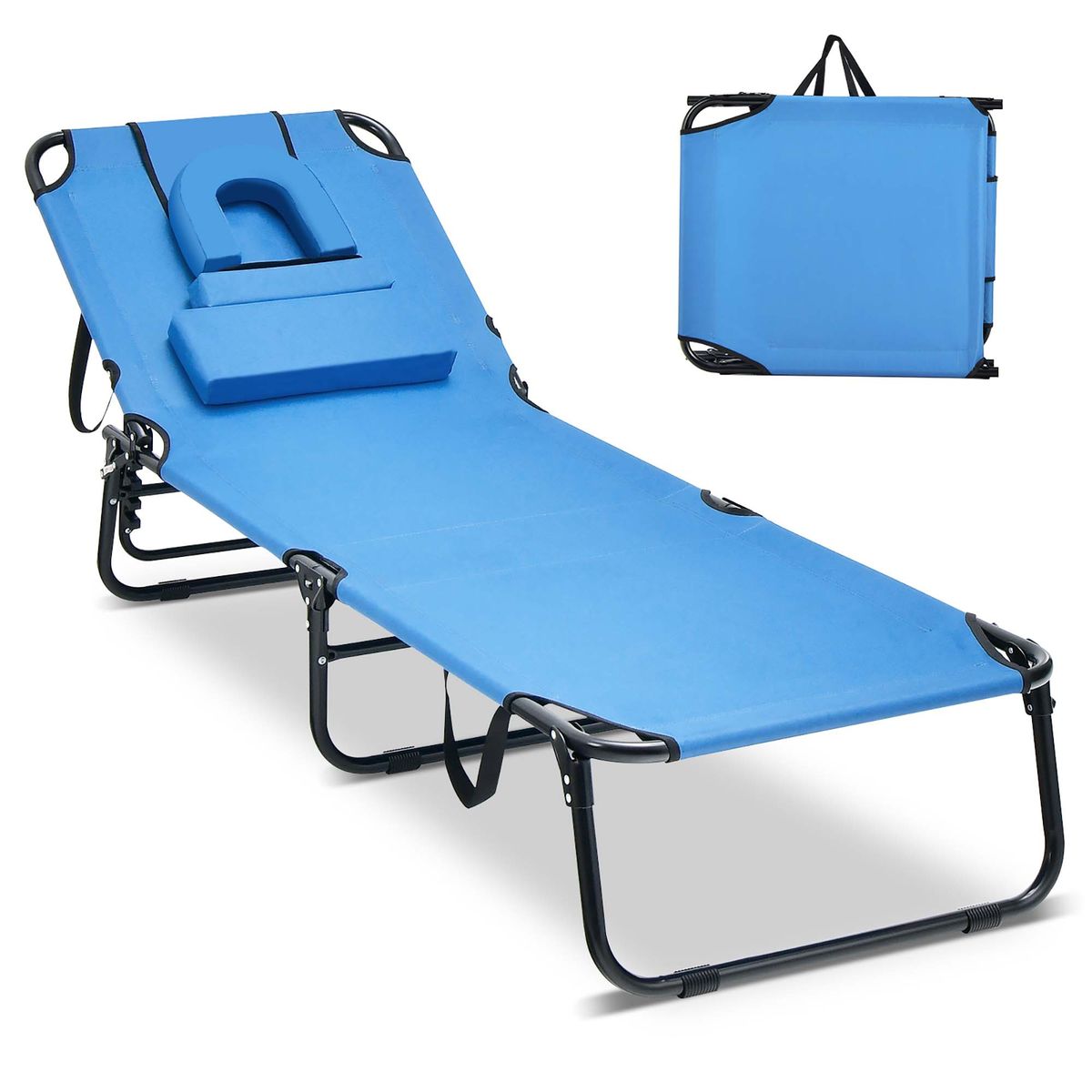 Beach Chaise Lounge with Face Hole Pillows & 5-Position Adjust - Navy