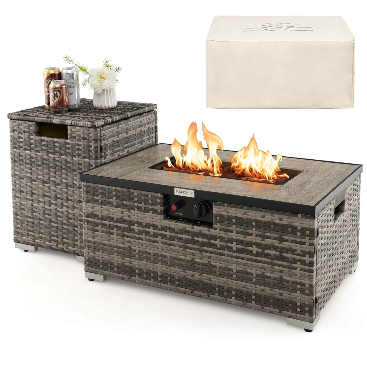 32 x 20-Inch Propane Rattan Fire Pit Table Set with Side Table Tank & Cover - Fire Pit Table Set-Gray